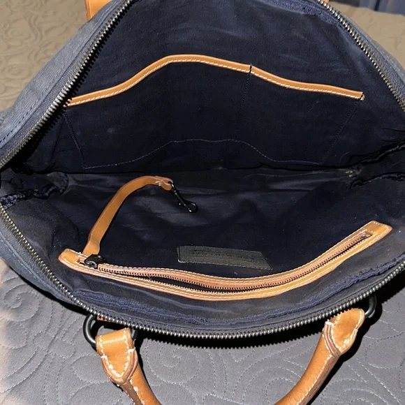Ben Minkoff Navy Blue Waxed Canvas & Vachetta Leather Trim Laptop Bag EUC